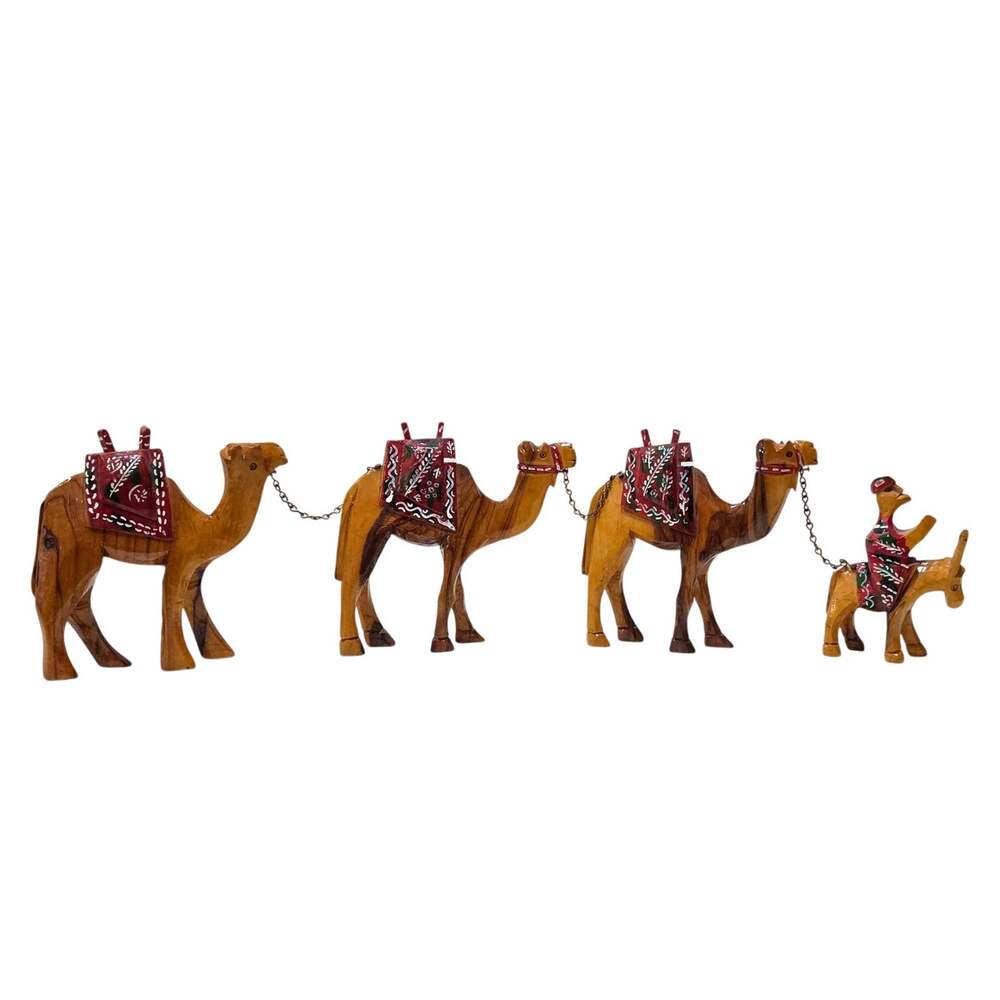 Caravan of 1-Donkey 3-Camels Chained Hand-Carved Olive Wood from Israel 60-70s